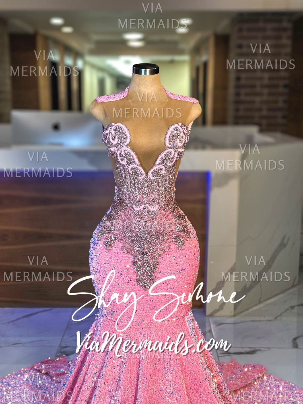 NAOMI- Iridescent Pink Sequin Dress with Pink Rhinestones