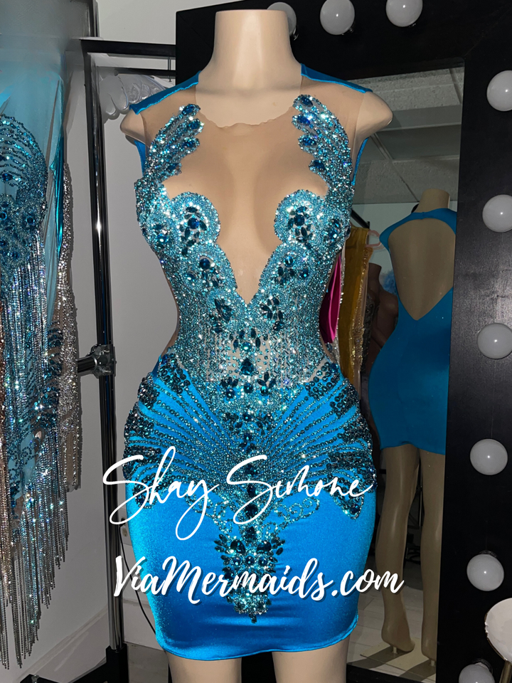 Niya 2.0 Blue Turquoise Iridescent Rhinestone Dress