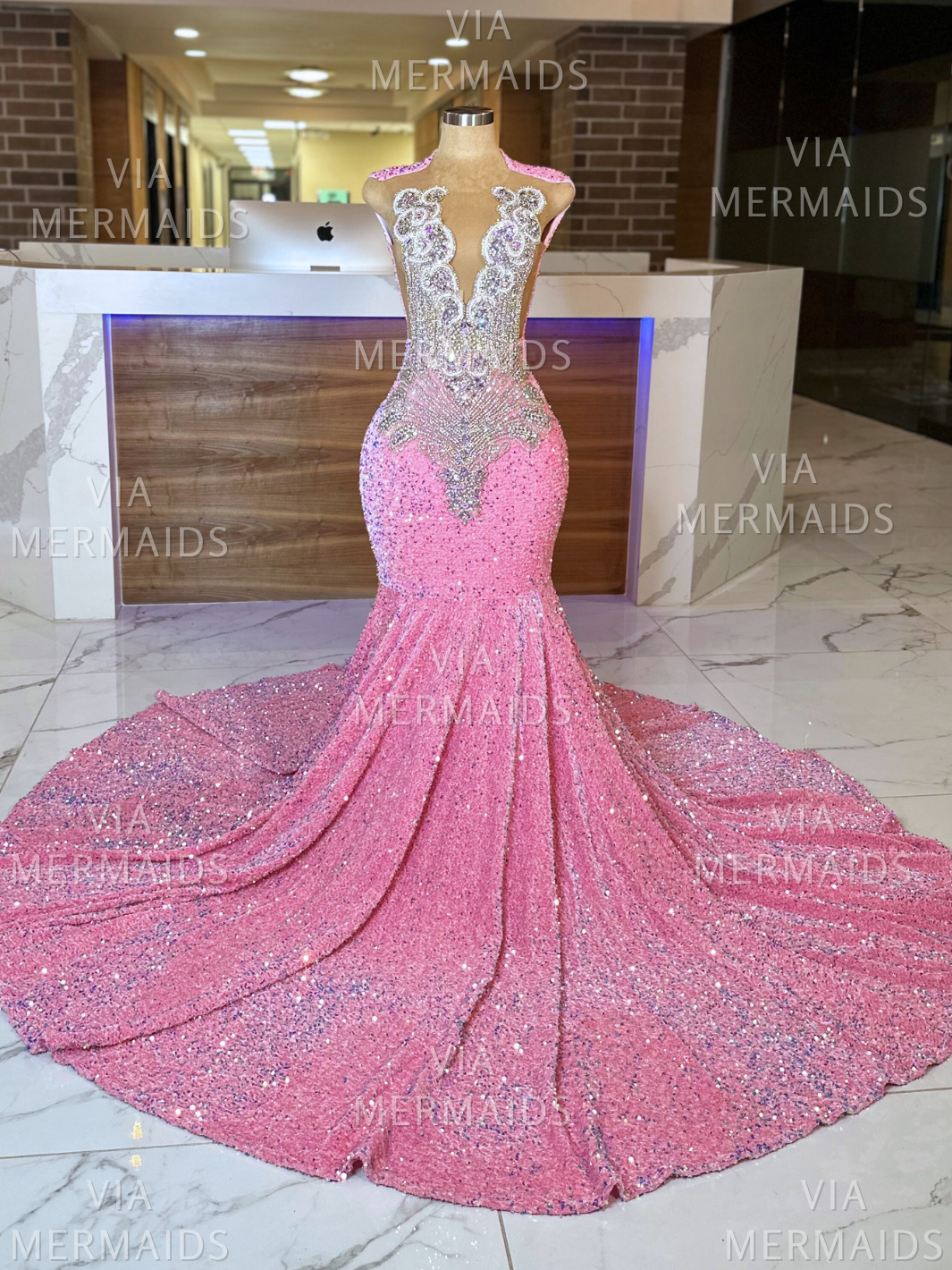Iridescent Pink Sequins Prom Dress with Iridscent Rhinestones