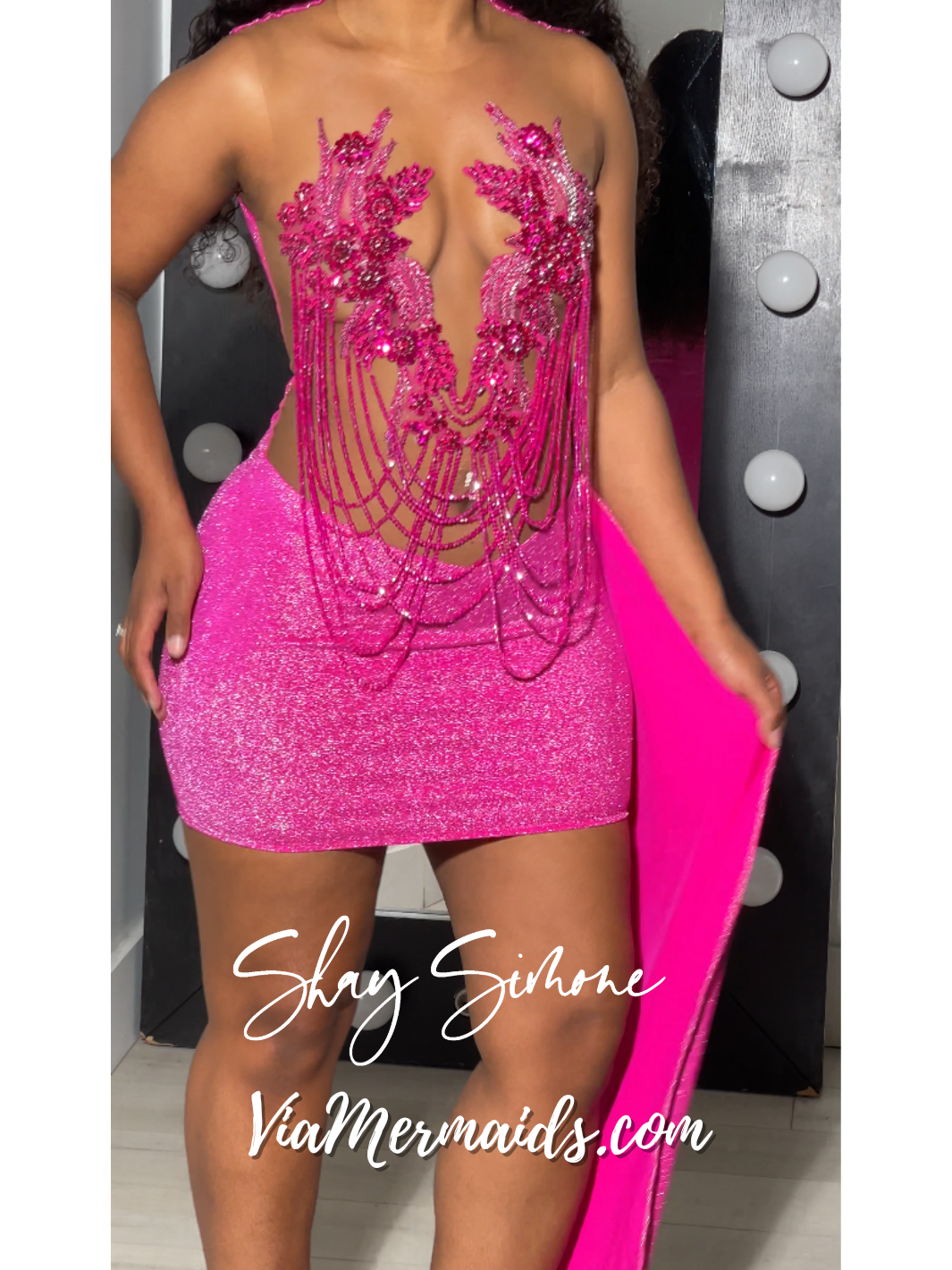 Soleil Magenta Pink Glitter Rhinestone Fringe Dress with Side Train