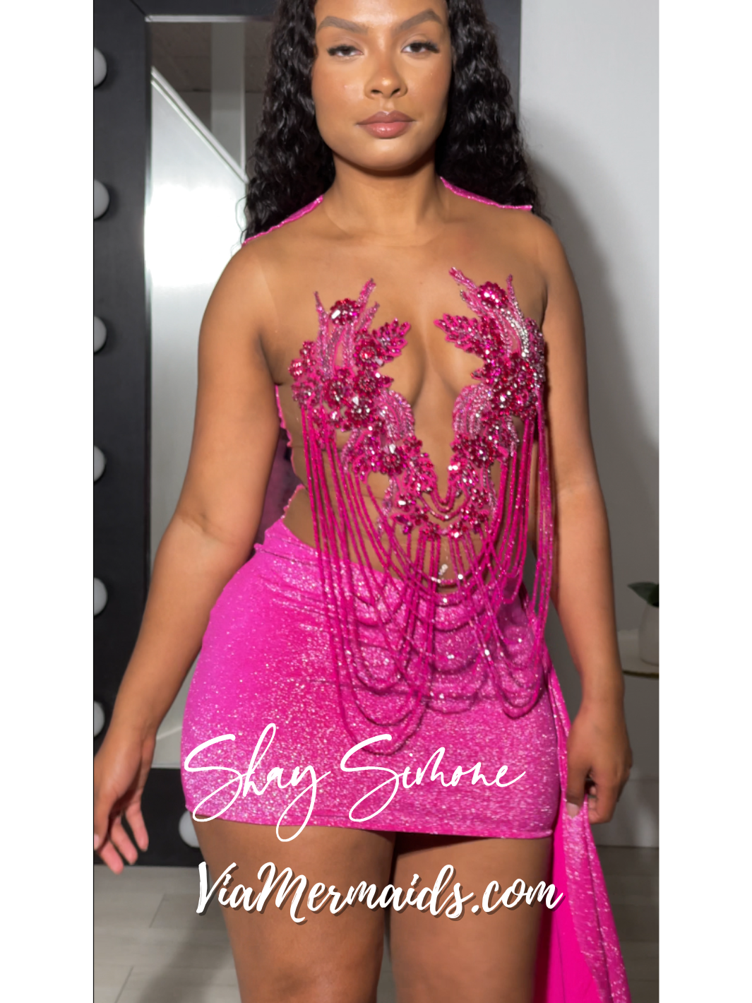 Soleil Magenta Pink Glitter Rhinestone Fringe Dress with Side Train