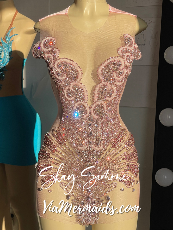 Rumi Pink Rhinestone Sheer Dress