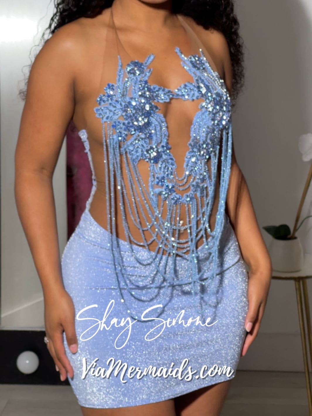 Soleil Light Blue Glitter Sheer Dress with Rhinestone Fringe
