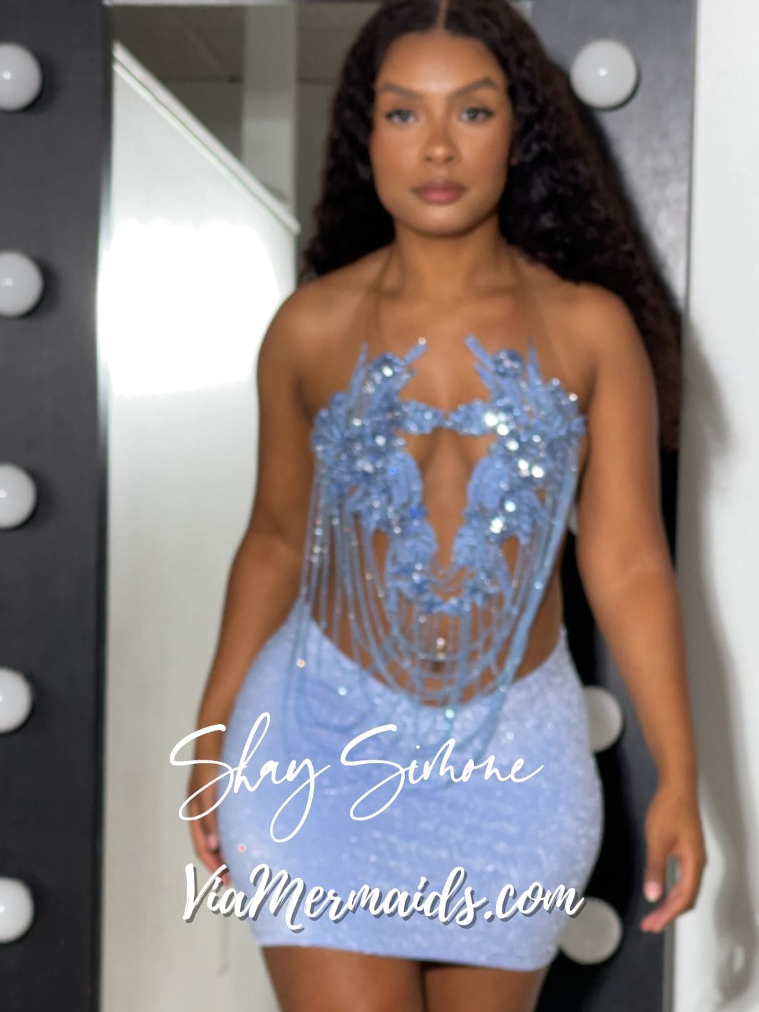 Soleil Light Blue Glitter Sheer Dress with Rhinestone Fringe