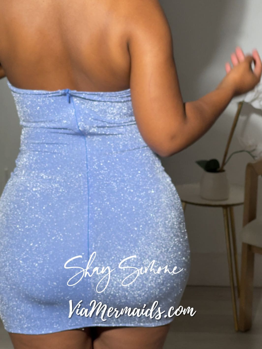 Soleil Light Blue Glitter Sheer Dress with Rhinestone Fringe