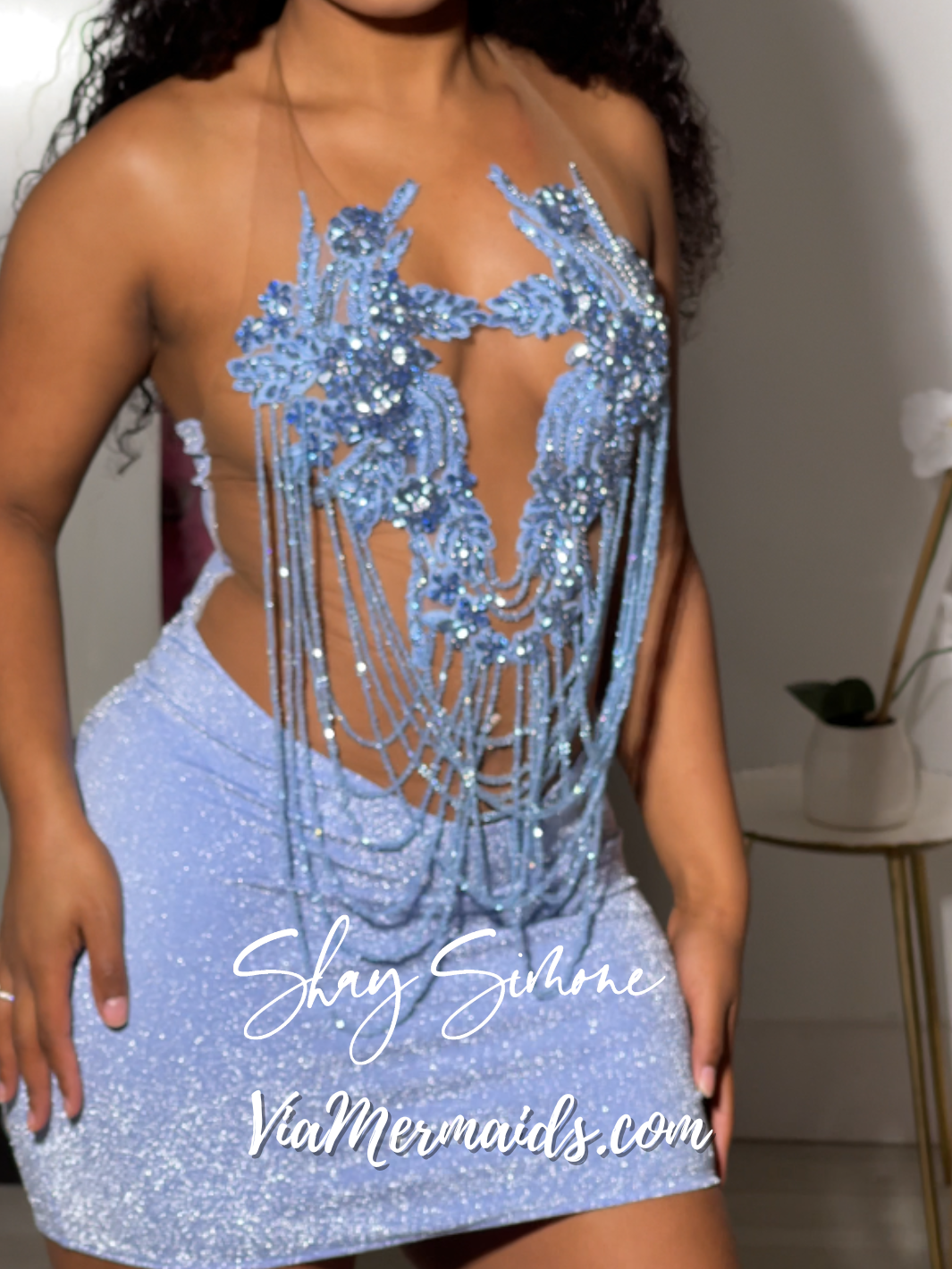 Soleil Light Blue Glitter Sheer Dress with Rhinestone Fringe