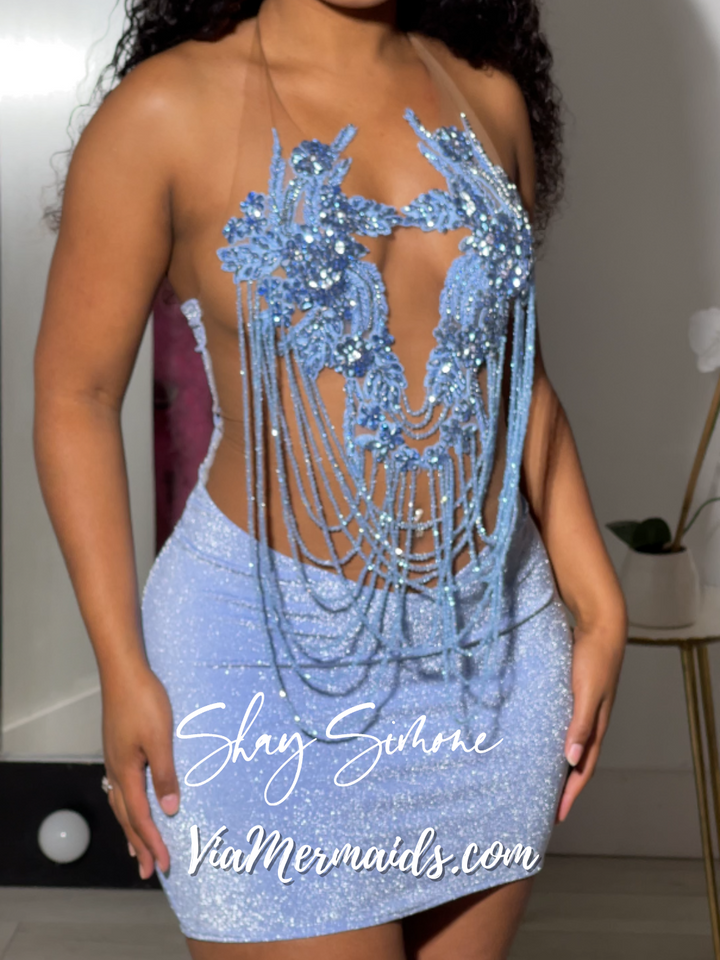 Soleil Light Blue Glitter Sheer Dress with Rhinestone Fringe