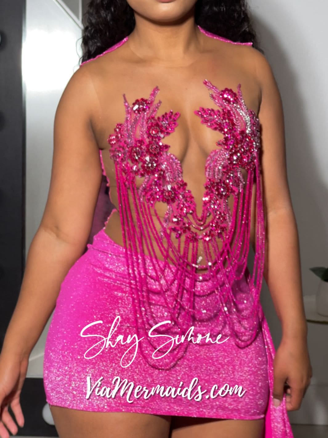 Soleil Magenta Pink Glitter Rhinestone Fringe Dress with Side Train