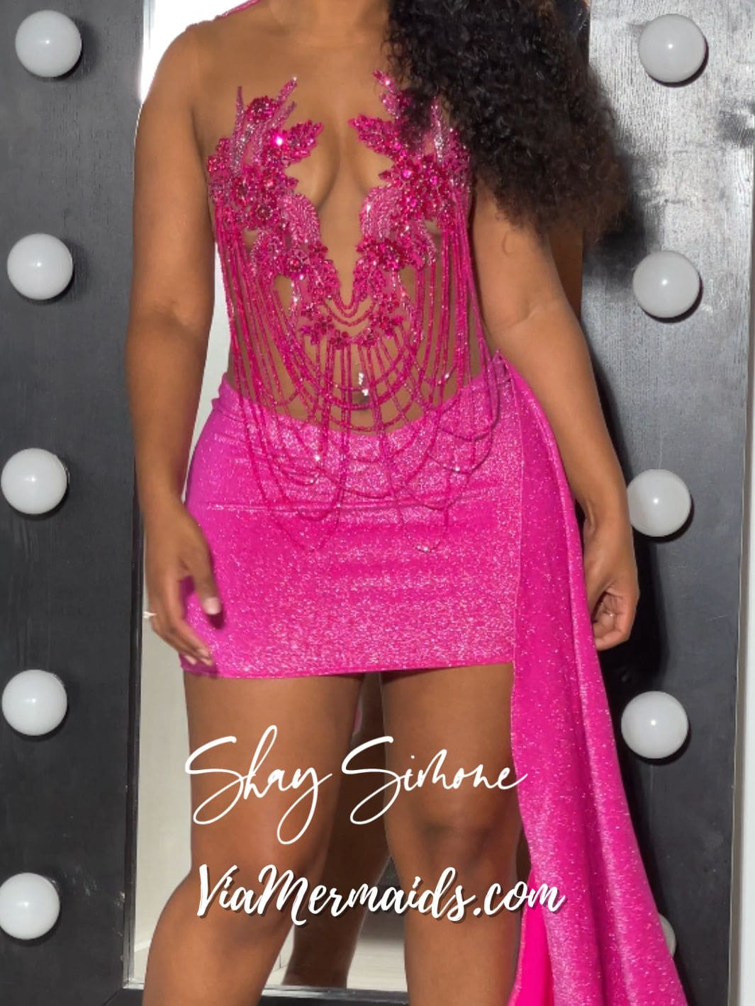 Soleil Magenta Pink Glitter Rhinestone Fringe Dress with Side Train