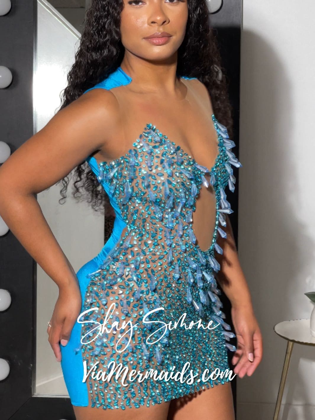 The Tiani Crystal Sheer Dress with Chandelier Crystals