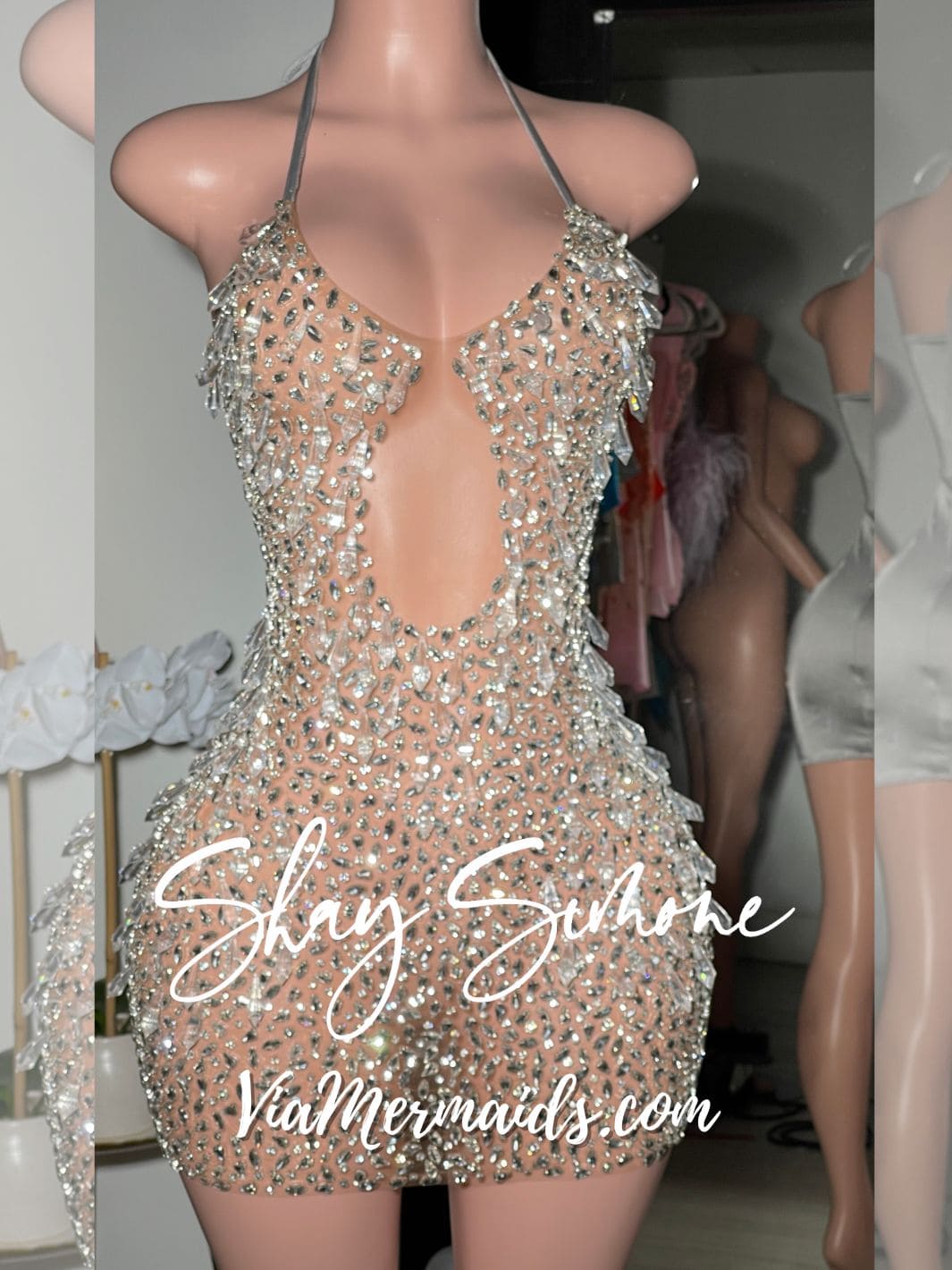 The Tiani Crystal Sheer Dress with Chandelier Crystals