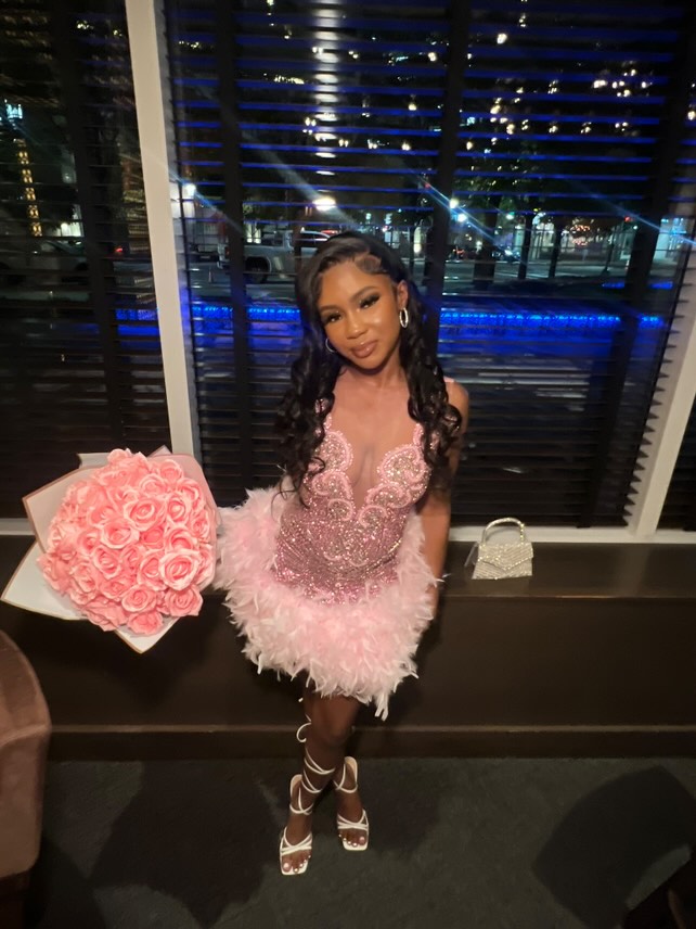 Baddie 3.0 Pink Rhinestone Dress with Pink Feathers