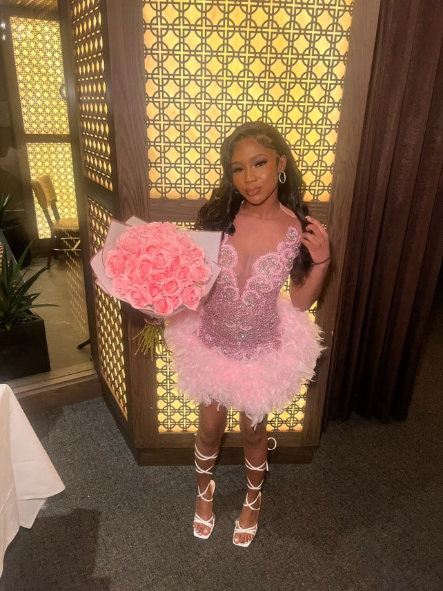 Baddie 3.0 Pink Rhinestone Dress with Pink Feathers