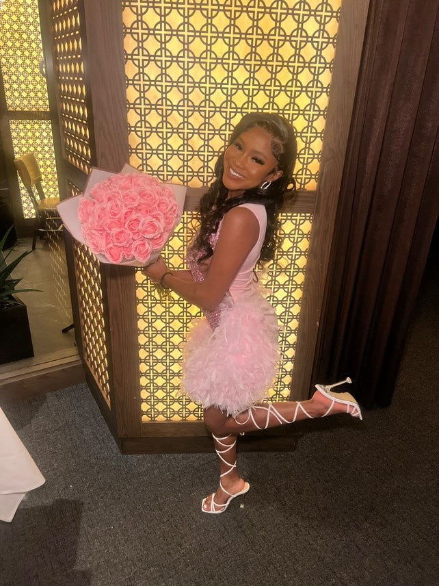 Baddie 3.0 Pink Rhinestone Dress with Pink Feathers