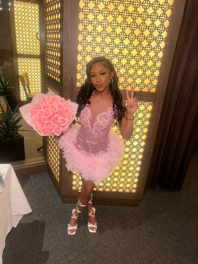 Baddie 3.0 Pink Rhinestone Dress with Pink Feathers