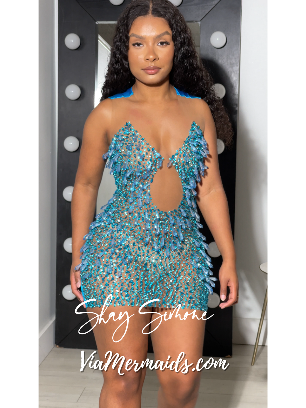 The Tiani Blue Crystal Sheer Dress with Blue Chandelier Crystals