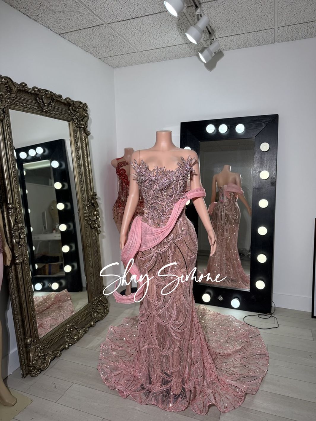 Pink Sheer Beaded Rhinestone Gown - Front View