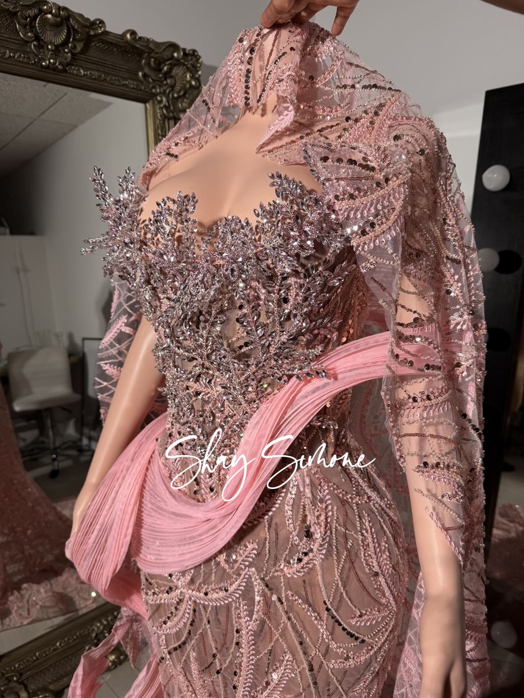 Pink Sheer Beaded Rhinestone Gown - Detail View