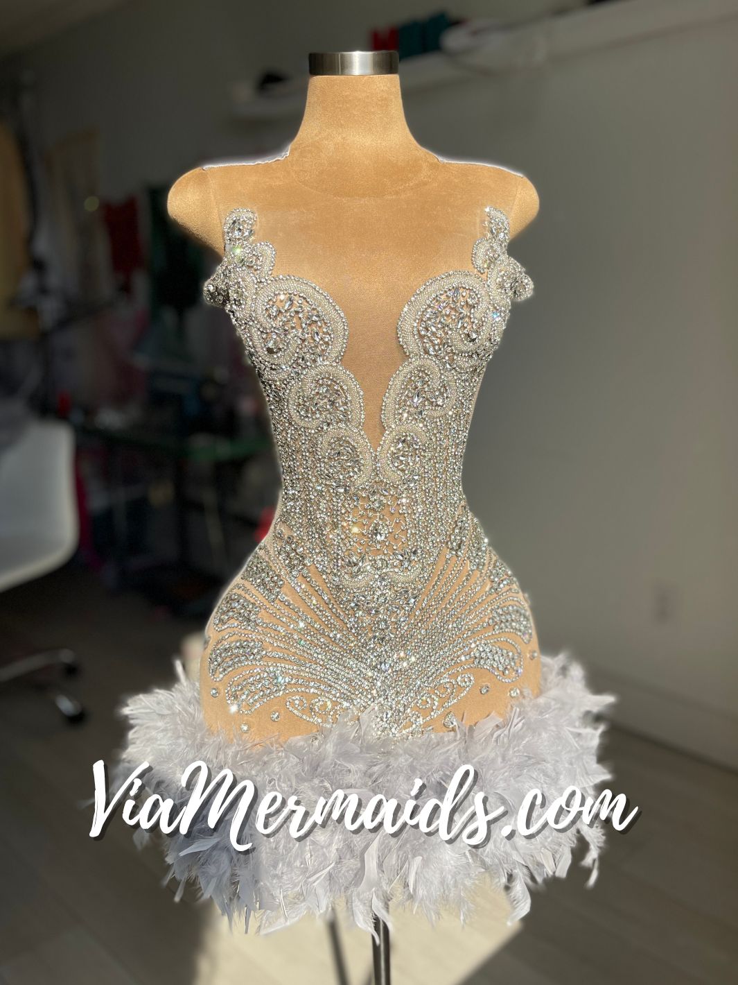 Sitting Pretty Princess - Custom Rhinestone Dress with Feathers