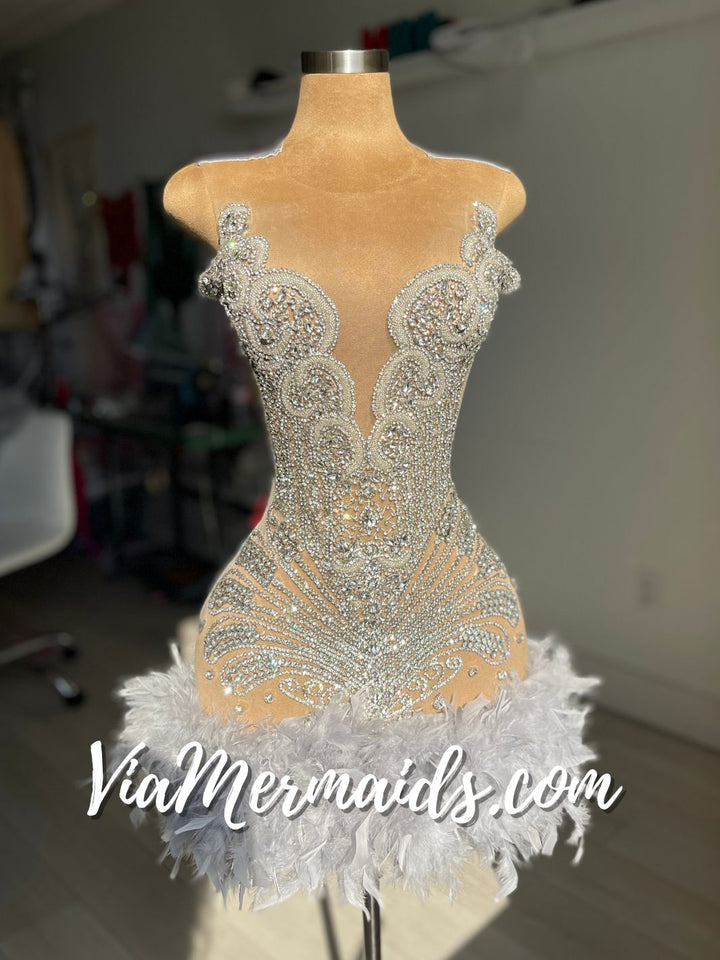 Sitting Pretty Princess - Custom Rhinestone Dress with Feathers