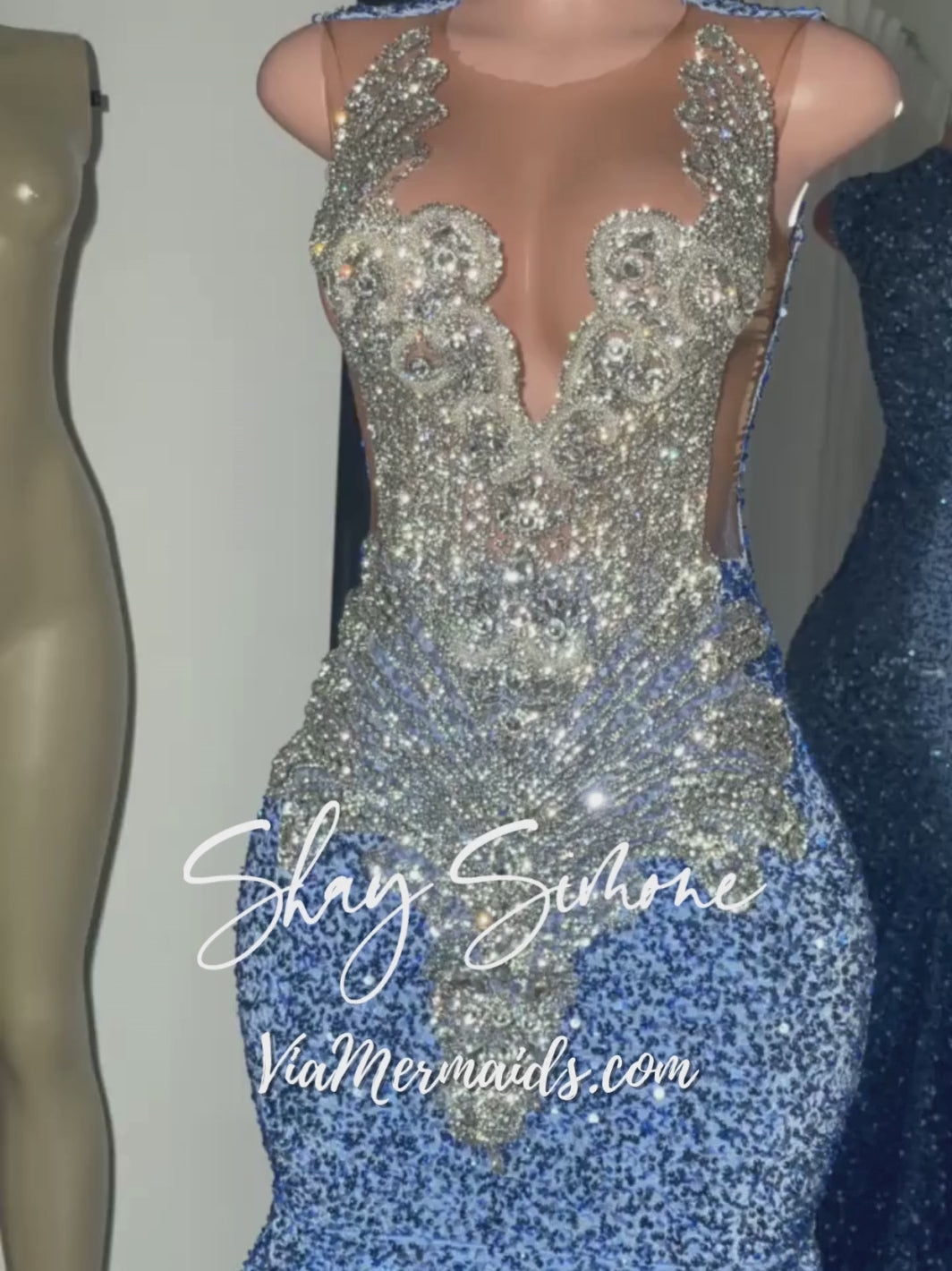 Jayda Light Blue Sequin Long Dress with Silver Rhinestones
