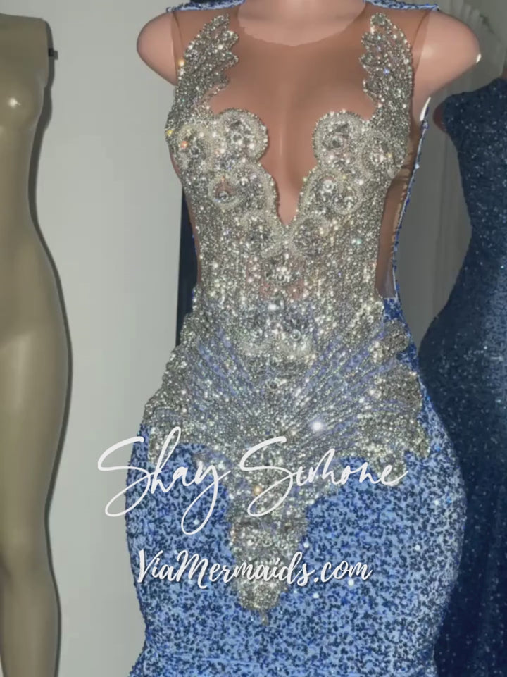Jayda Light Blue Sequin Long Dress with Silver Rhinestones