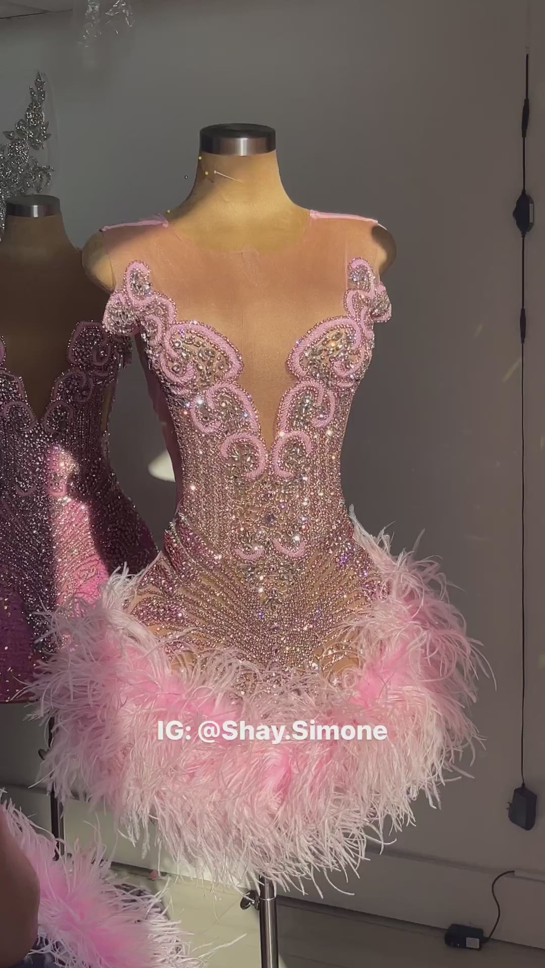The Girl They LOVE TO HATE Custom Pink Rhinestone Dress with Feathers