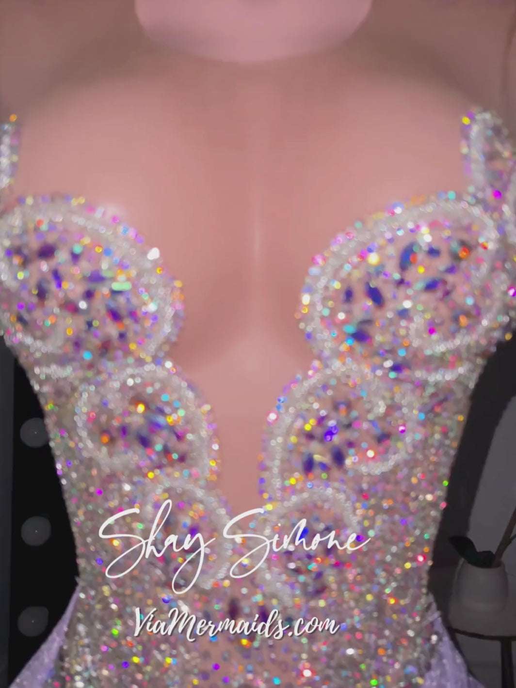 Mya Silver Iridescent Rhinestone Short Dress with Glittery Side Train