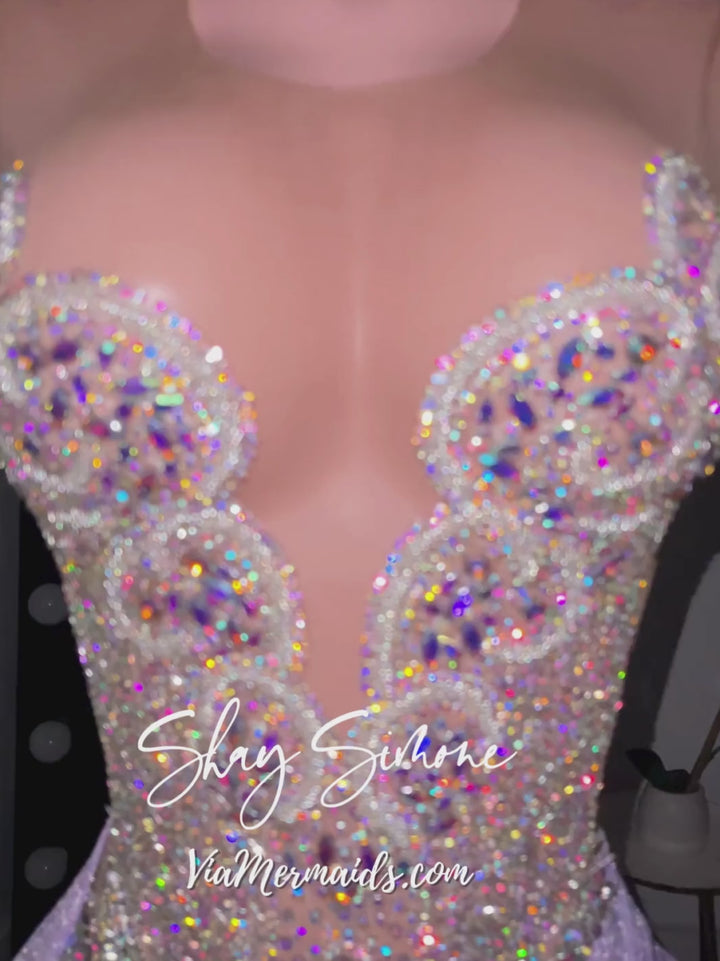 Mya Silver Iridescent Rhinestone Short Dress with Glittery Side Train