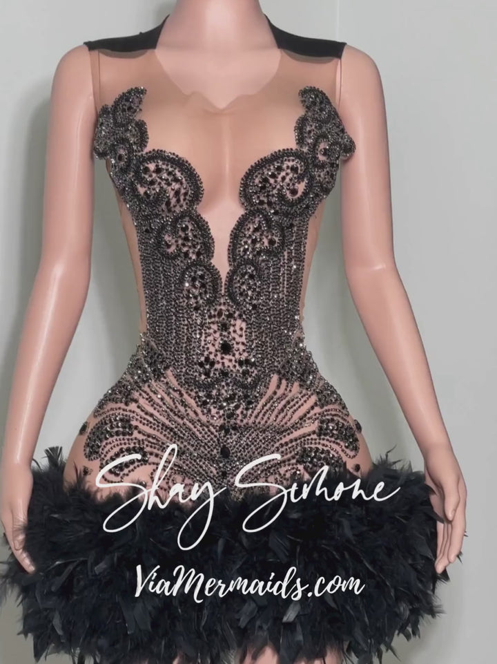 Sitting Pretty Princess - Custom Rhinestone Dress with Feathers