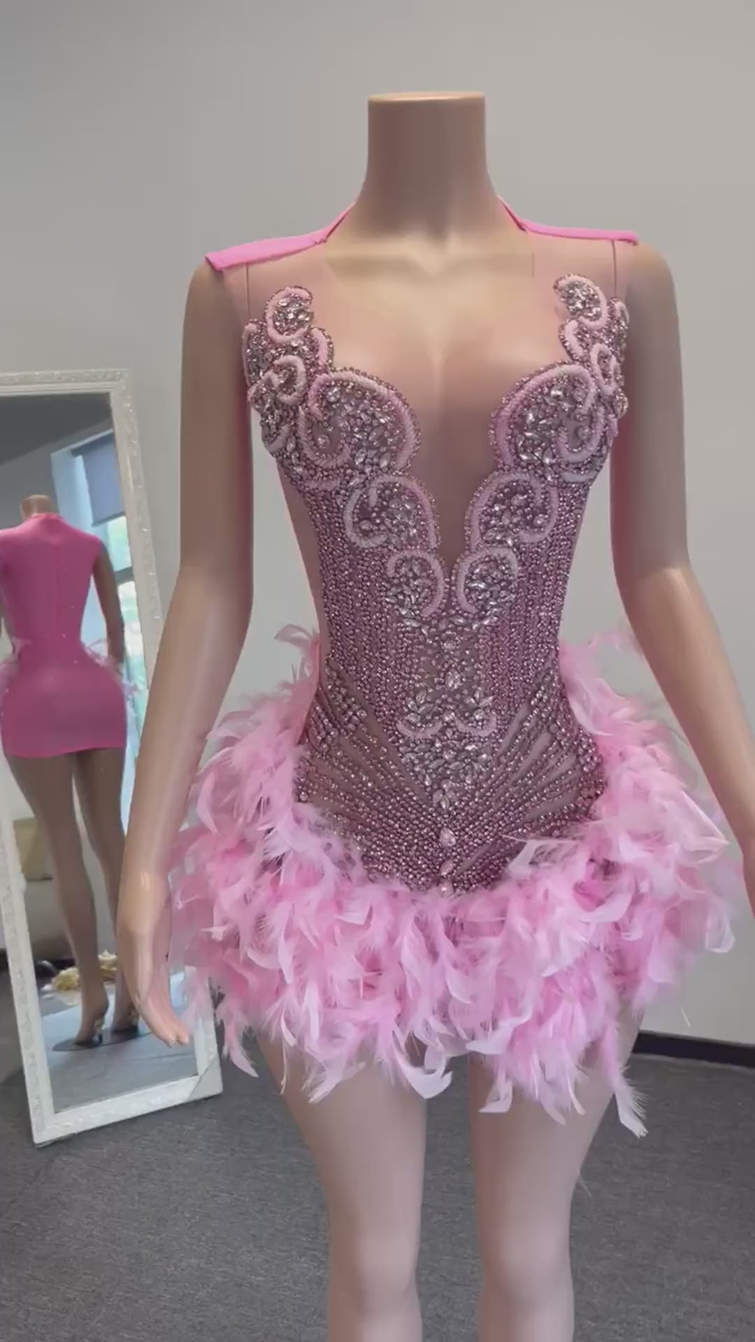 Baddie 3.0 Pink Rhinestone Dress with Pink Feathers