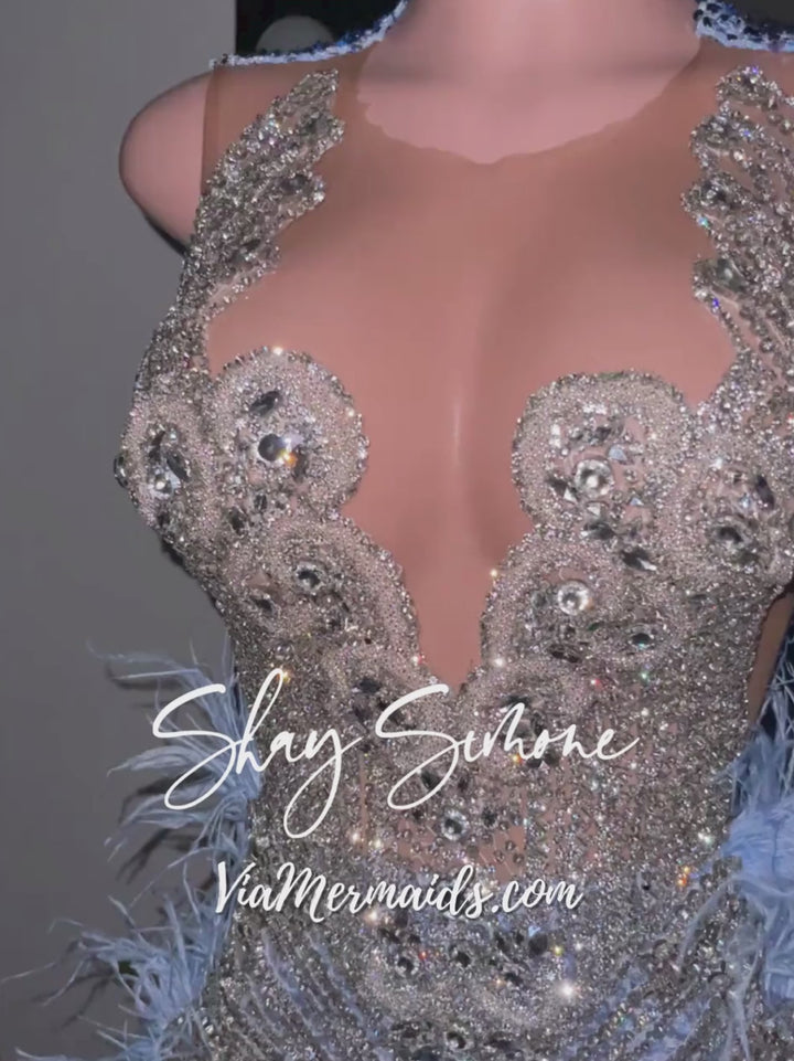 Jayda Light Blue Sequin Long Dress with Silver Rhinestones and Feathers on the Side