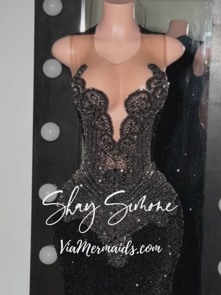 Micah Black Sequin Prom Dress with Black Rhinestones