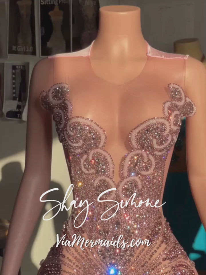 Rumi Pink Rhinestone Sheer Dress
