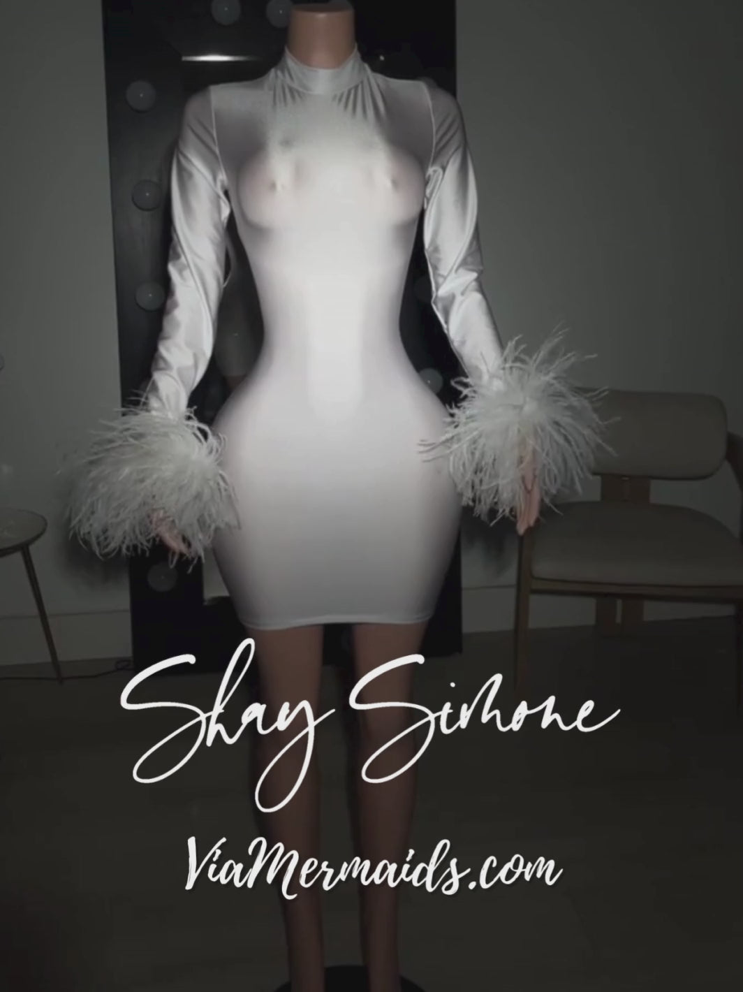 The Aalona White Dress with Long Sleeves and White Ostrich Feather Cuff