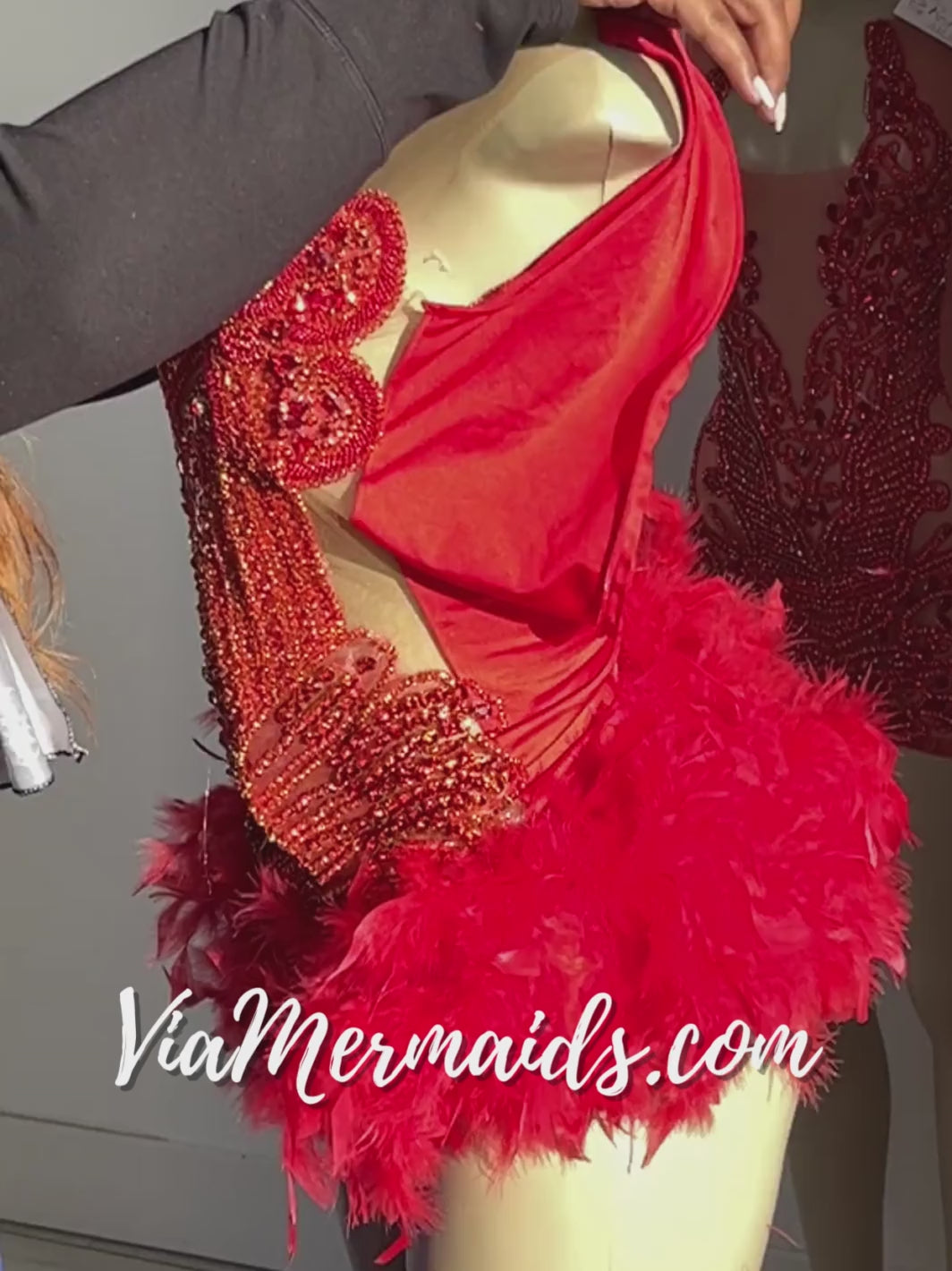 Sitting Pretty RED Rhinestone Dress with Feathers