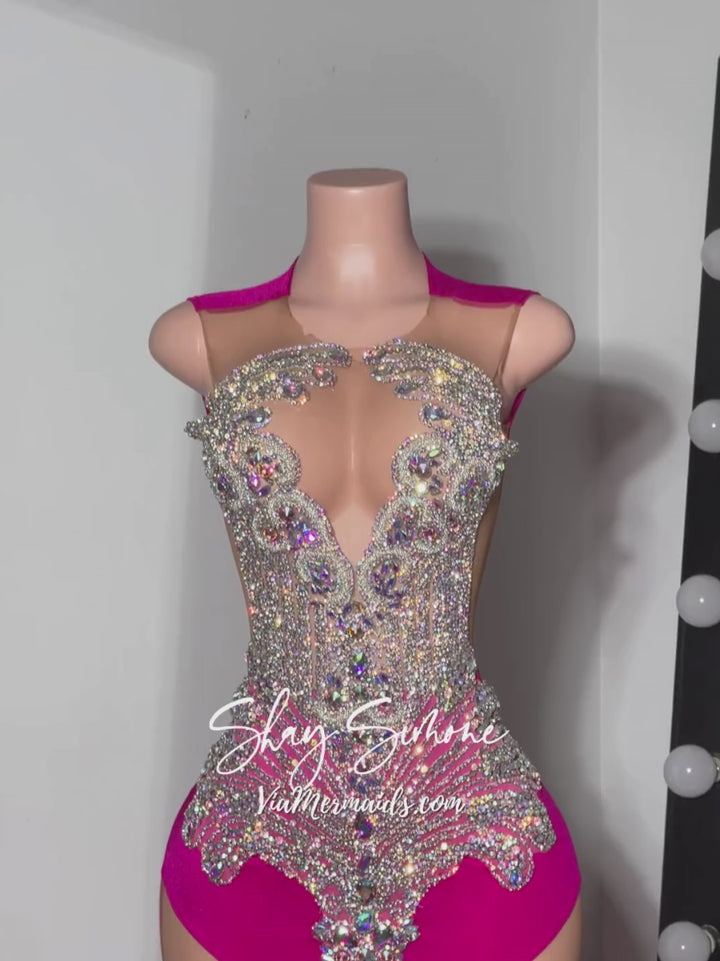 THE BADDIE - Magenta Pink Prom Dress with Iridescent Rhinestones