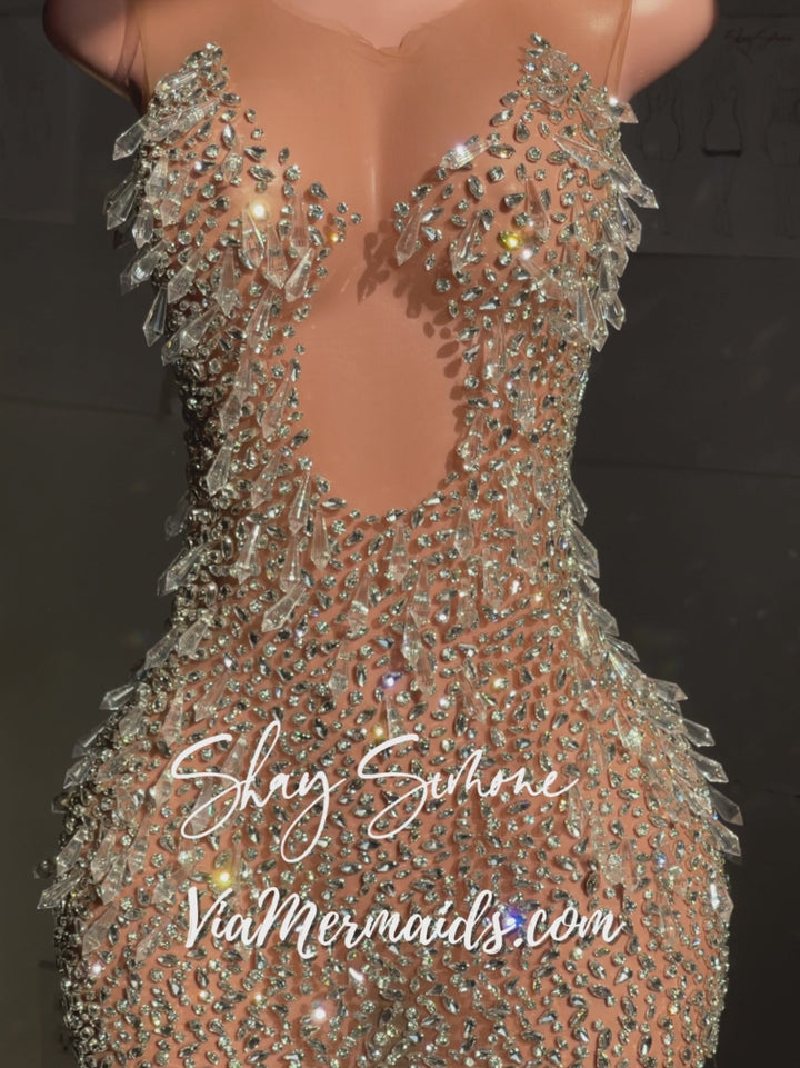 The Tiani Crystal Sheer Dress with Chandelier Crystals