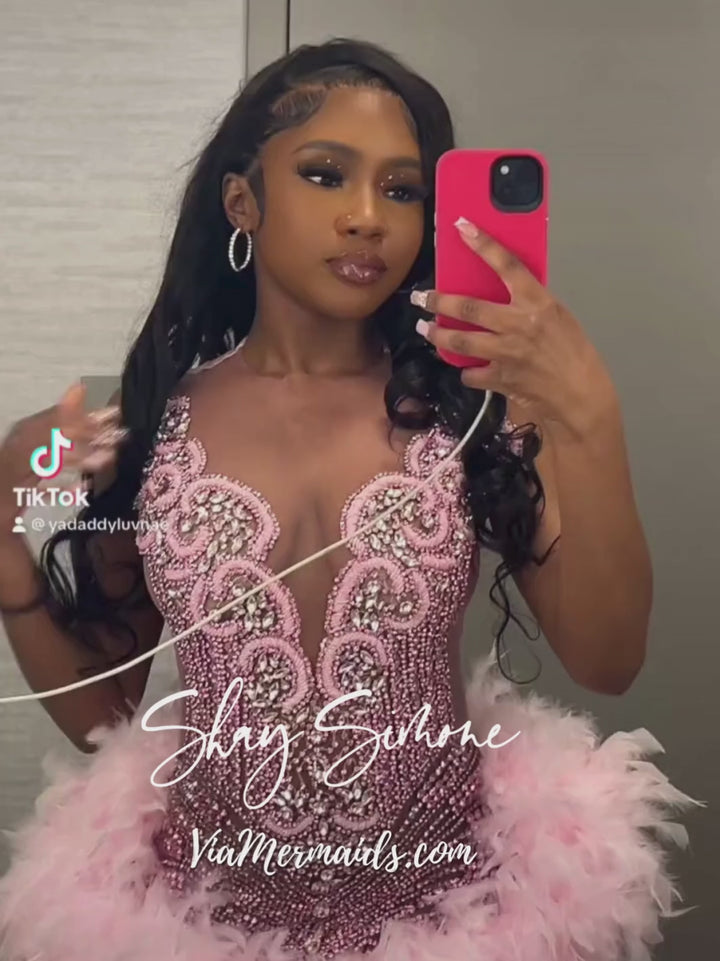 Baddie 3.0 Pink Rhinestone Dress with Pink Feathers