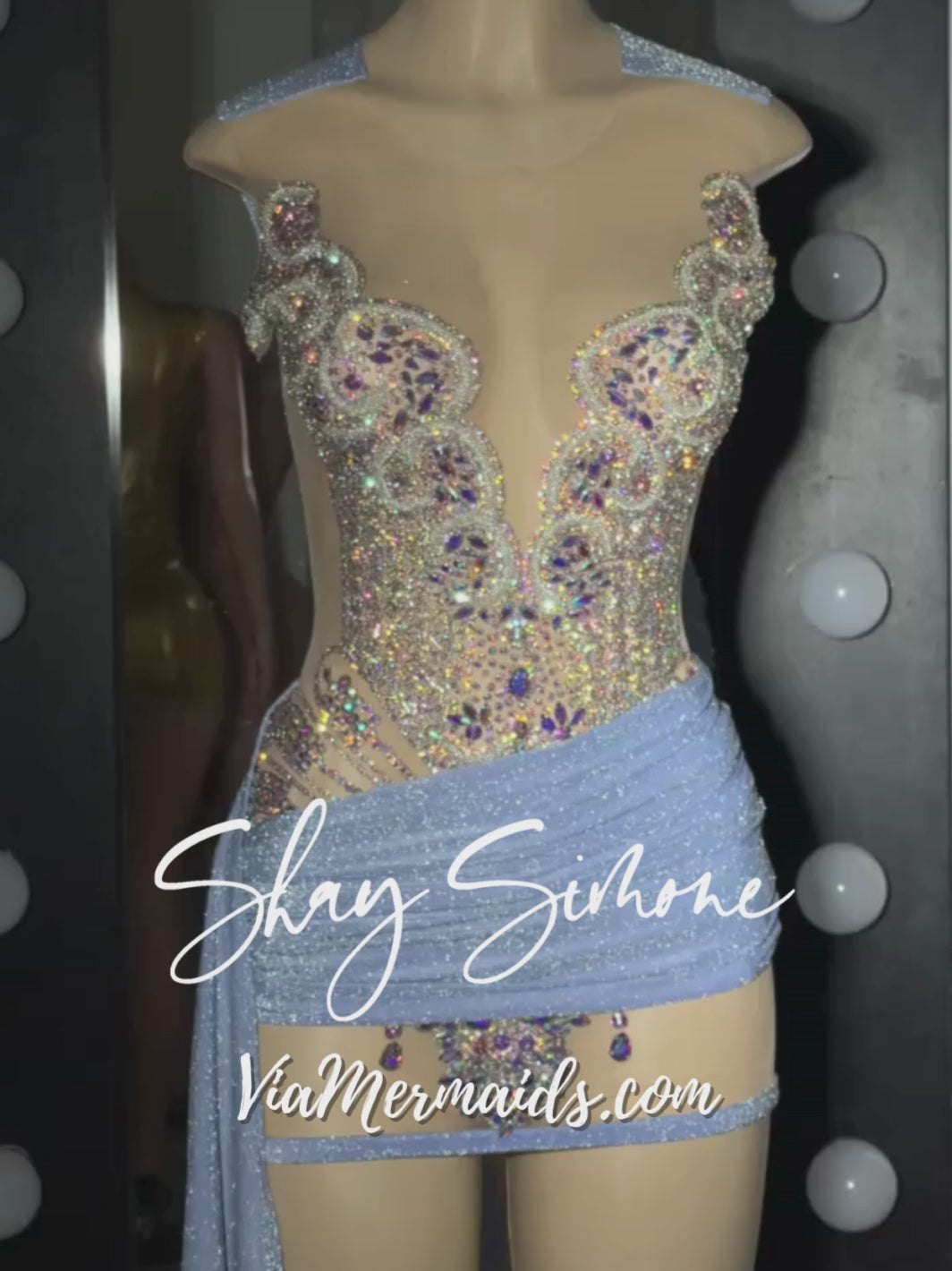 Mya Silver Iridescent Rhinestone Short Dress with Glittery Side Train