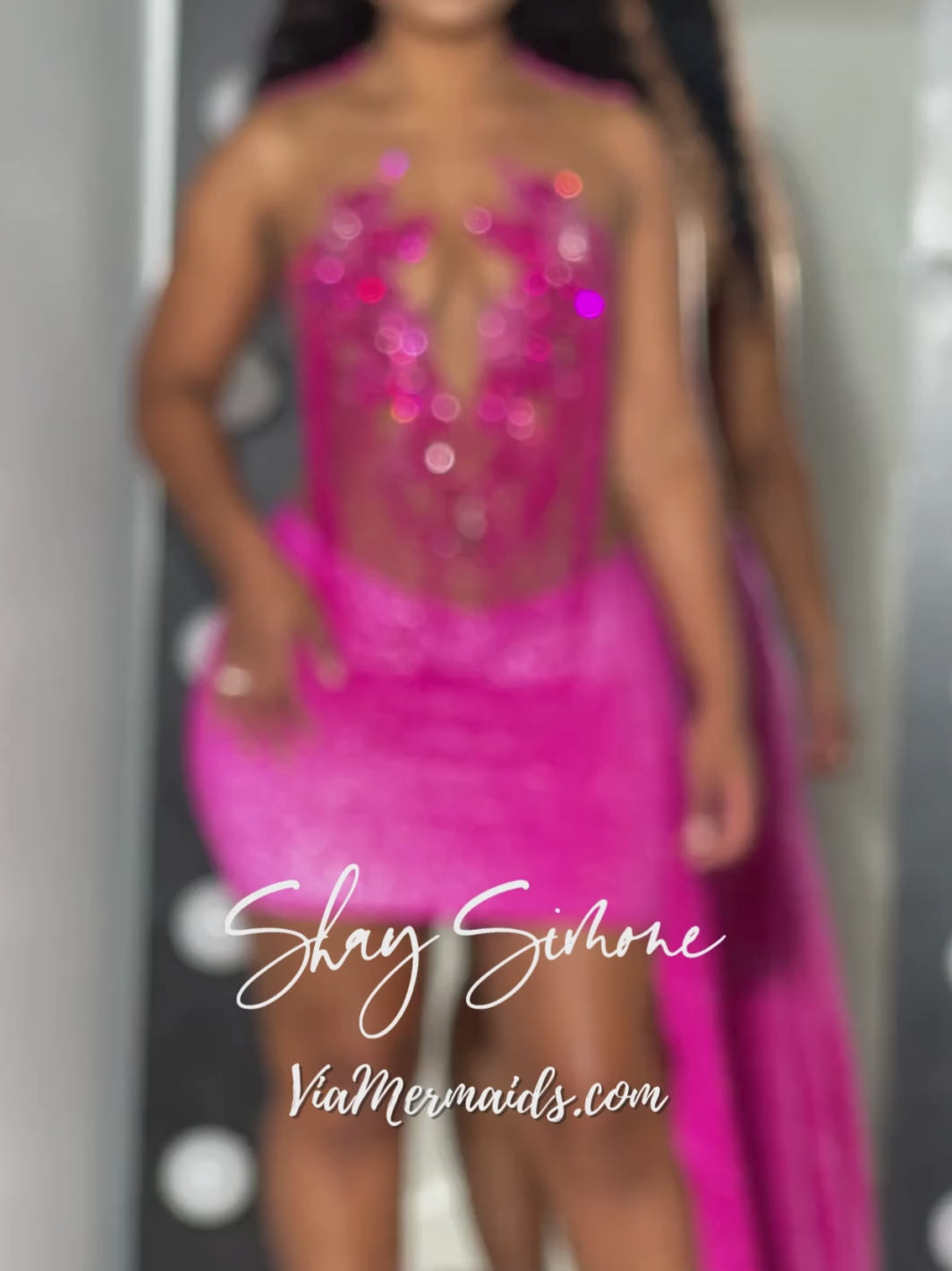 Soleil Magenta Pink Glitter Rhinestone Fringe Dress with Side Train