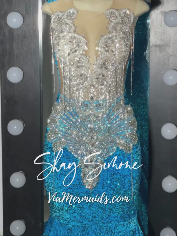 Micah Turquoise Blue Silver Rhinestone Long Dress with Fringe