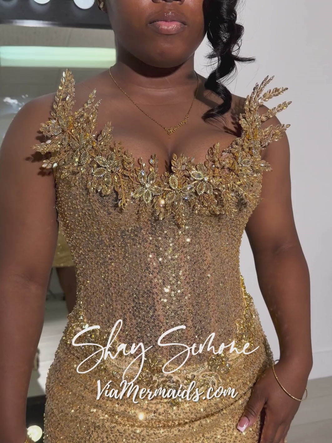 Kierrey Champagne Gold Corset Short Dress with Draped Train