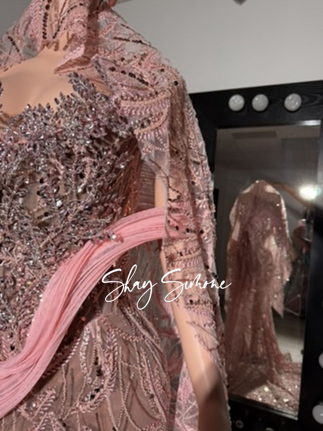 Pink Sheer Beaded Rhinestone Gown - Close Up