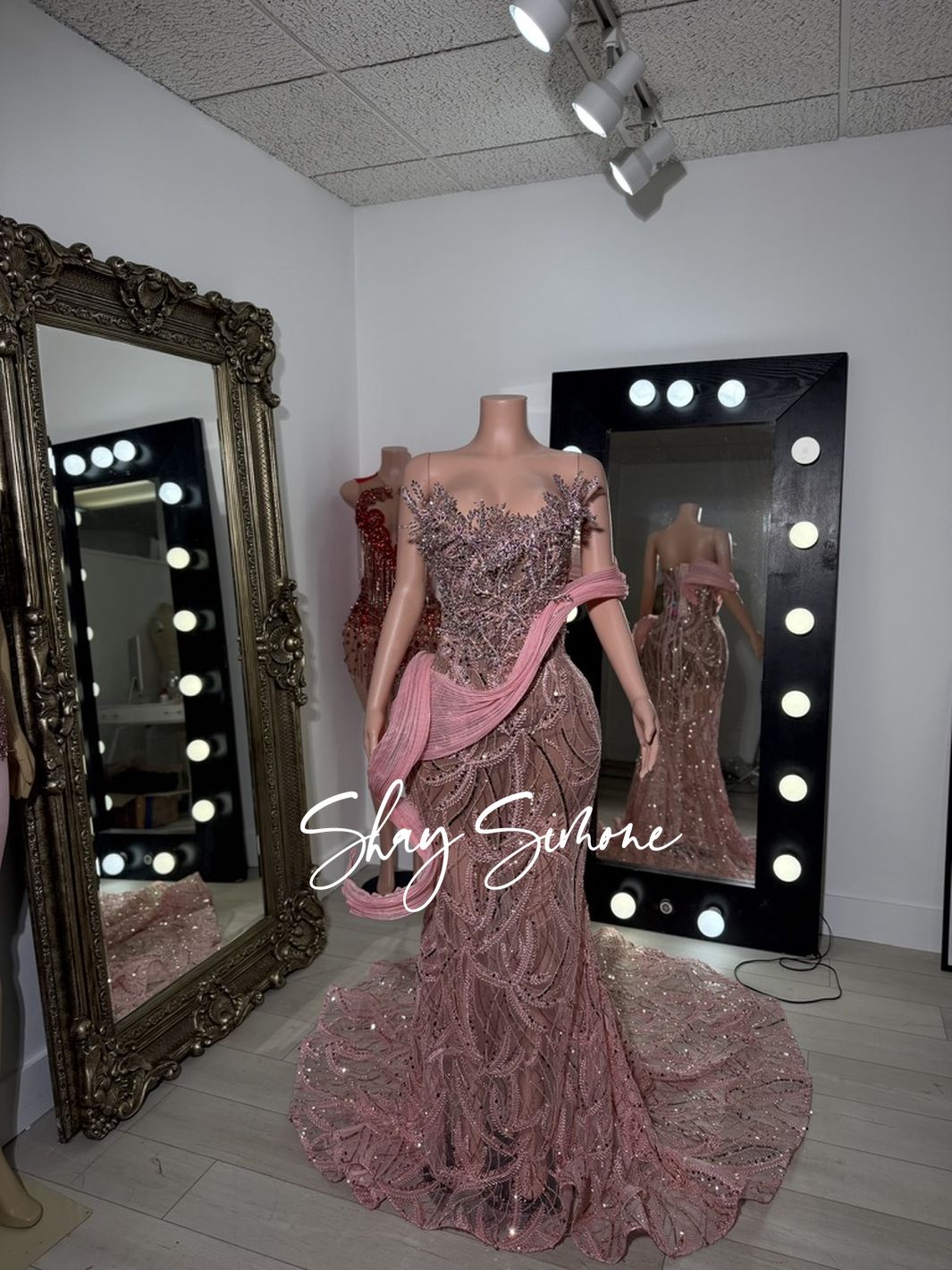 Pink Sheer Beaded Rhinestone Gown - Front View 2