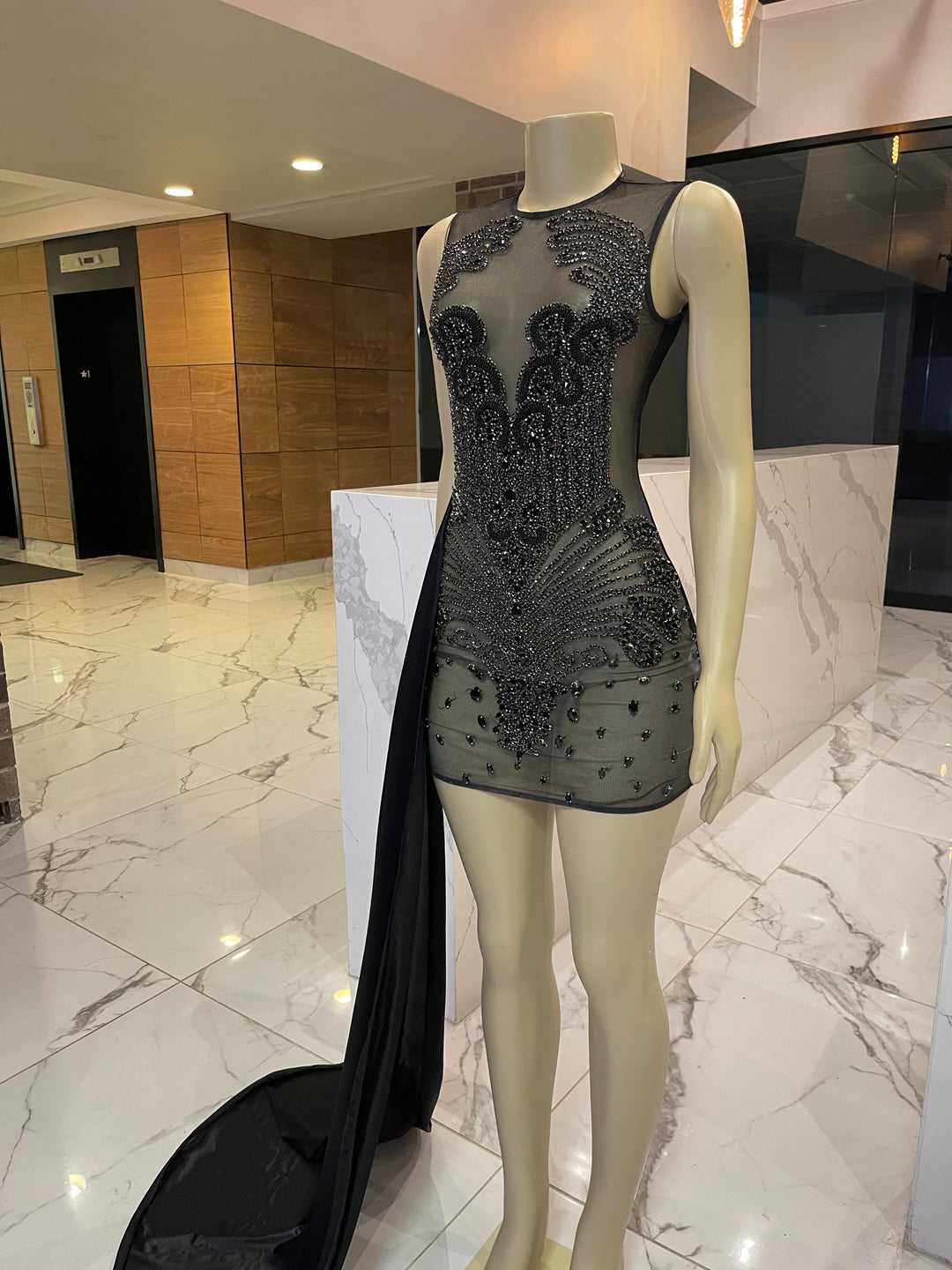 Black Rhinestone Dress With Side Train