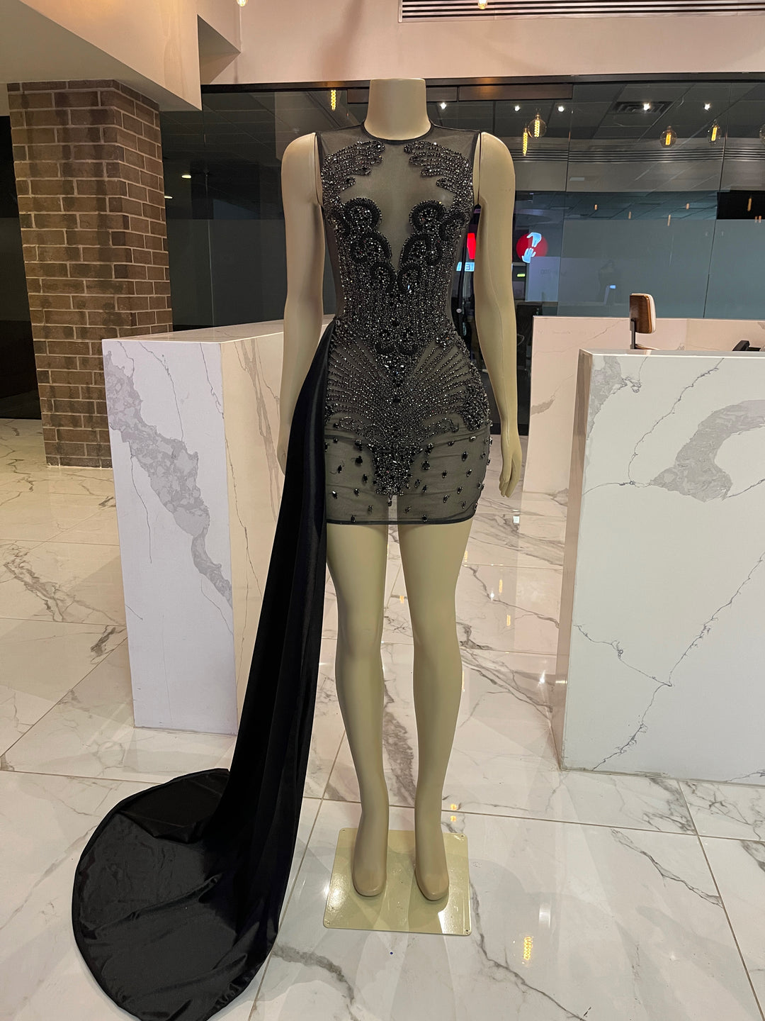 Black Rhinestone Dress With Side Train