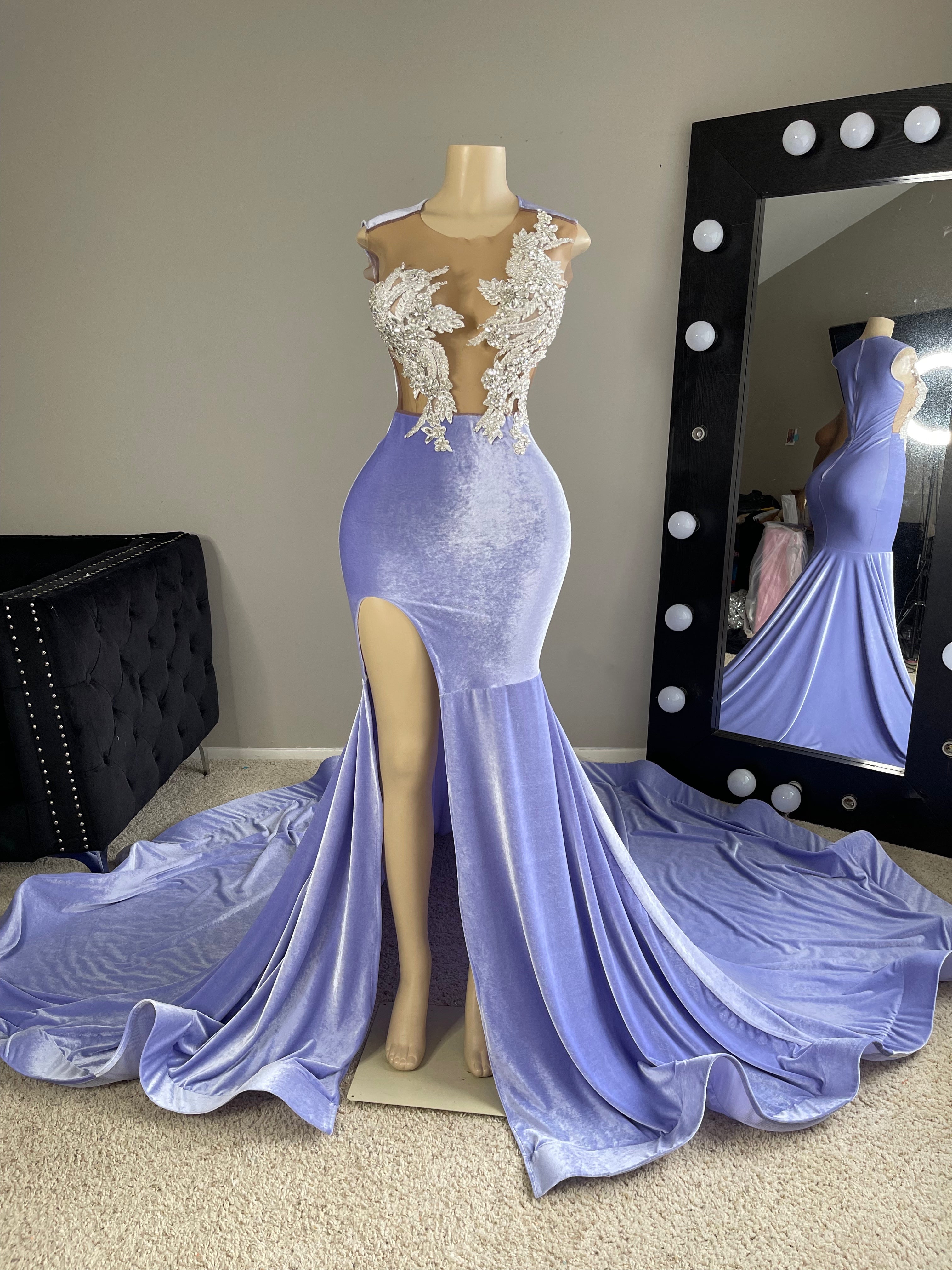 The Kenya Dress - Lavendar Purple Dress with Split with Rhinestones