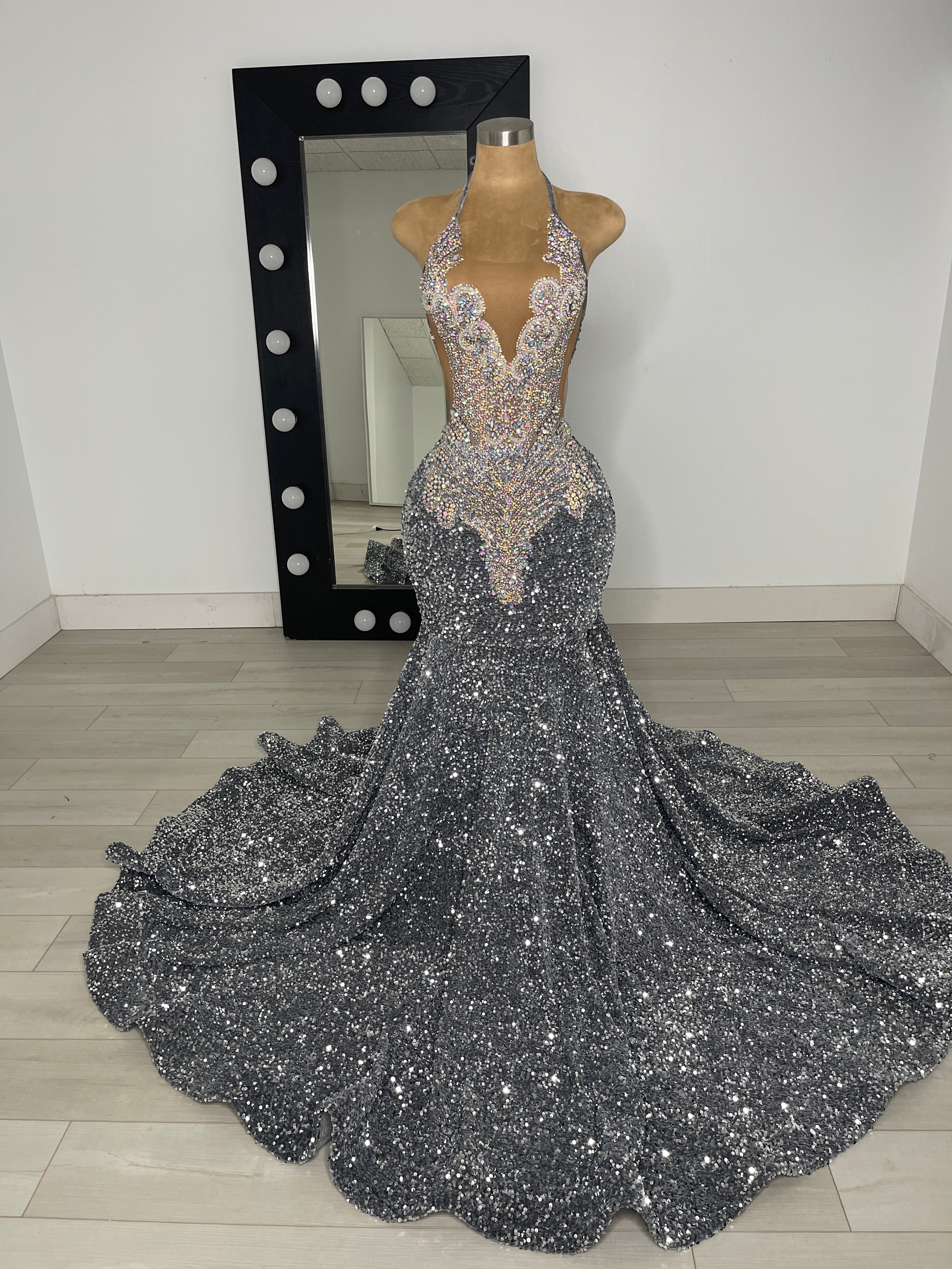 Jocelyn - HALTER STYLE Silver Sequins & Iridescent Rhinestone Prom Dress