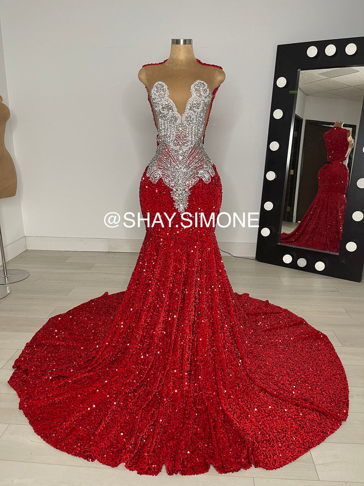 DESTINY - Red Sequin Prom Dress with Silver Rhinestones
